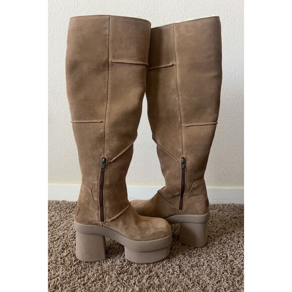 NEW UGG Heights Platform Xtra Tall Boots 8 Chestnut Suede Shearling Chunky Heel - Picture 10 of 12